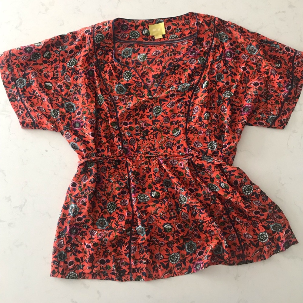 Maeve 100% Silk floral top, short sleeve, tie back